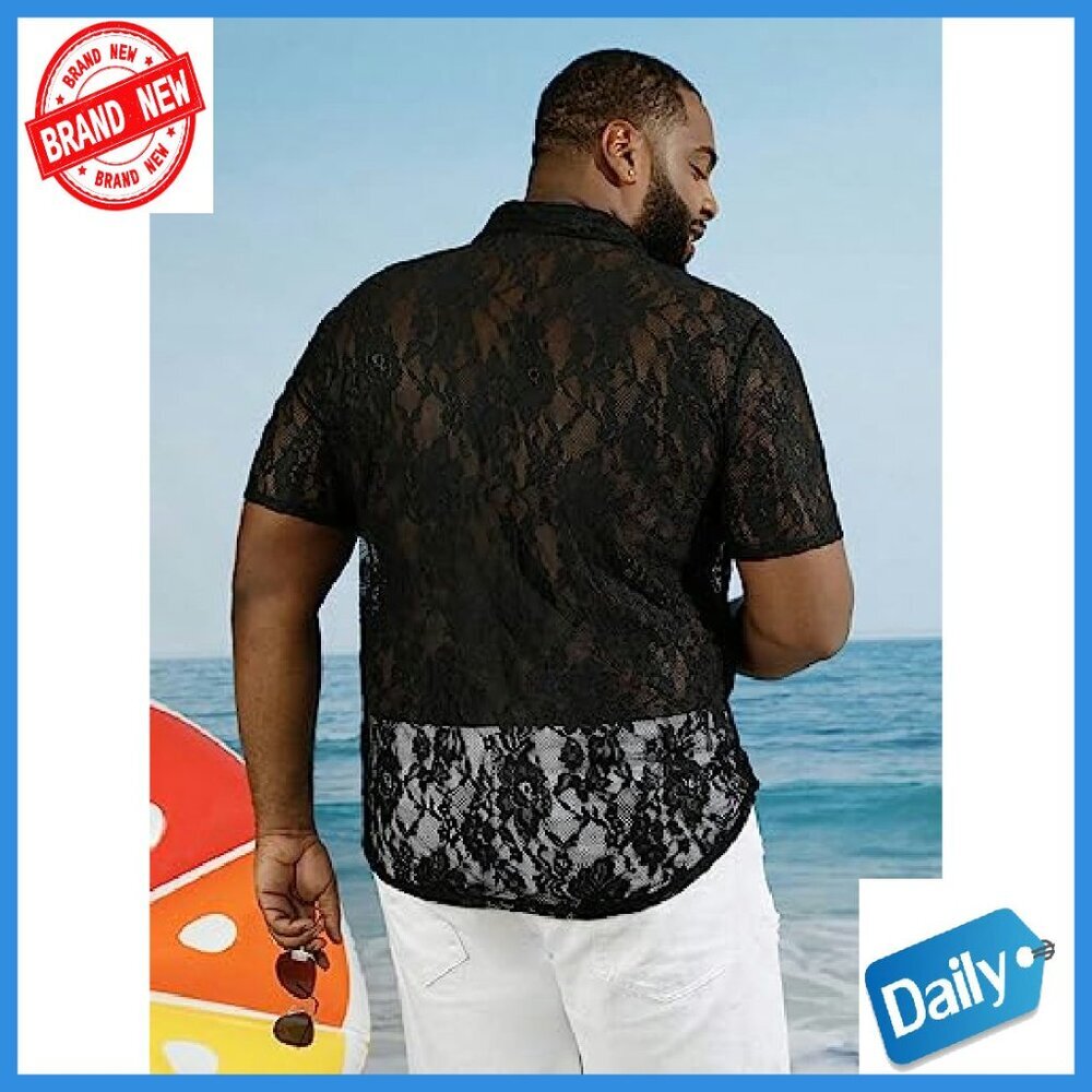 Men's Floral Lace Mesh Button Down Shirt Short Sleeve Blouse - Picture 3 of 6